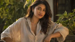 A young woman smiling gently in soft golden hour sunlight with blurred green foliage in the background.