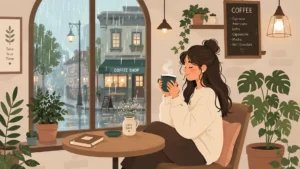 A cute vector illustration of a girl holding a steaming mug inside a warm coffee shop while it rains outside.