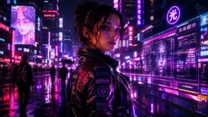 A woman in an edgy tech-leather jacket standing on a neon-lit futuristic street at night with rain reflections.